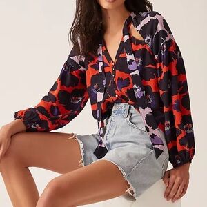 Anthropologie Maeve Silk Tie Neckline Floral Blouse
